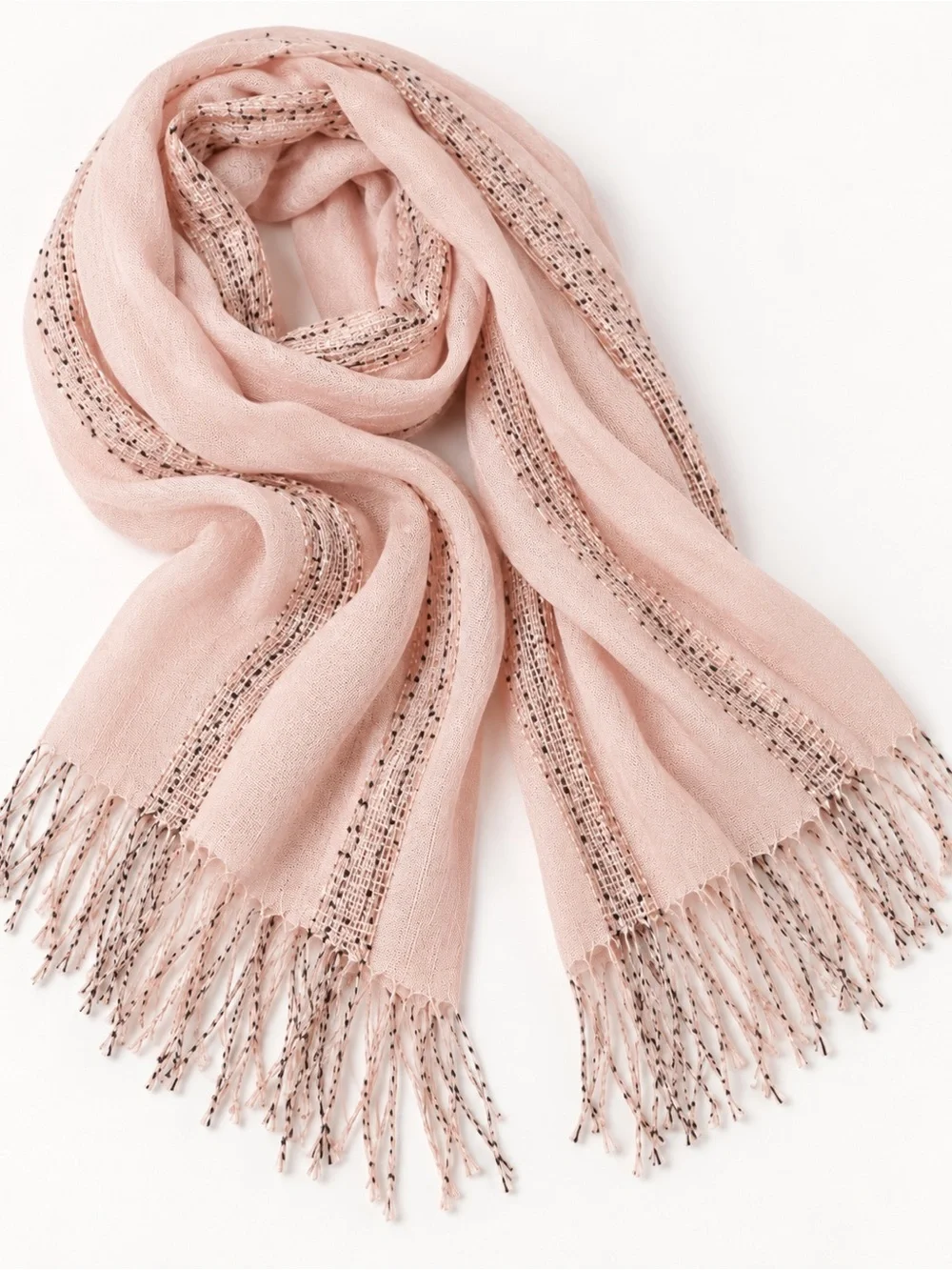 Blush Pink Boho Woven Fringe Scarf Lightweight Textured Cottagecore